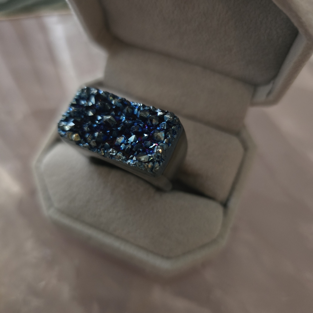 Midnight Blue Druzy Crystal Ring Size 8